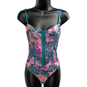 Free People Intimately Floral Mesh Corset Bodysuit Size M Hook Front